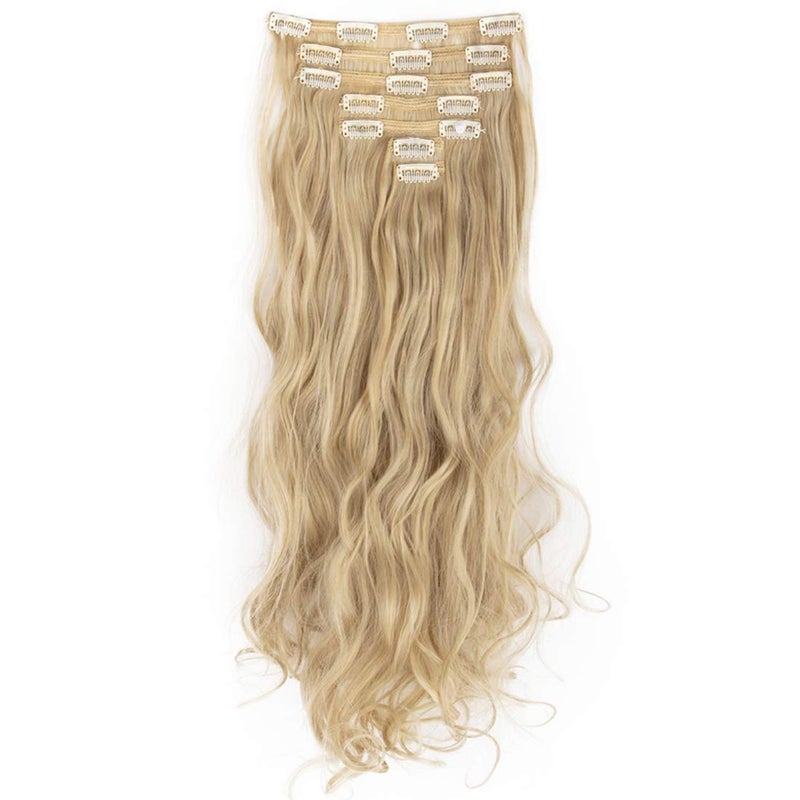 LELINTA 7Pcs 16 Clips 24 Inch Wavy Curly Full Head Clip in on Double Weft Hair Extensions Sandy Blonde Mix Bleach Blonde