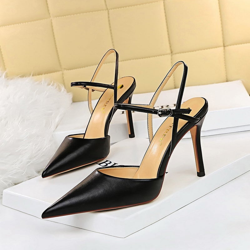 Vintage Chic Summer Stiletto Heels Pointed Toe Womens Sandals Black 