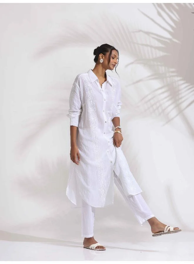trueBrowns White Cotton Schiffli Shirt Kurta Set