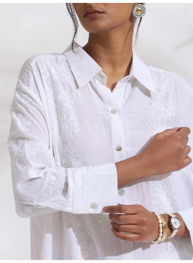 trueBrowns White Cotton Schiffli Shirt Kurta Set