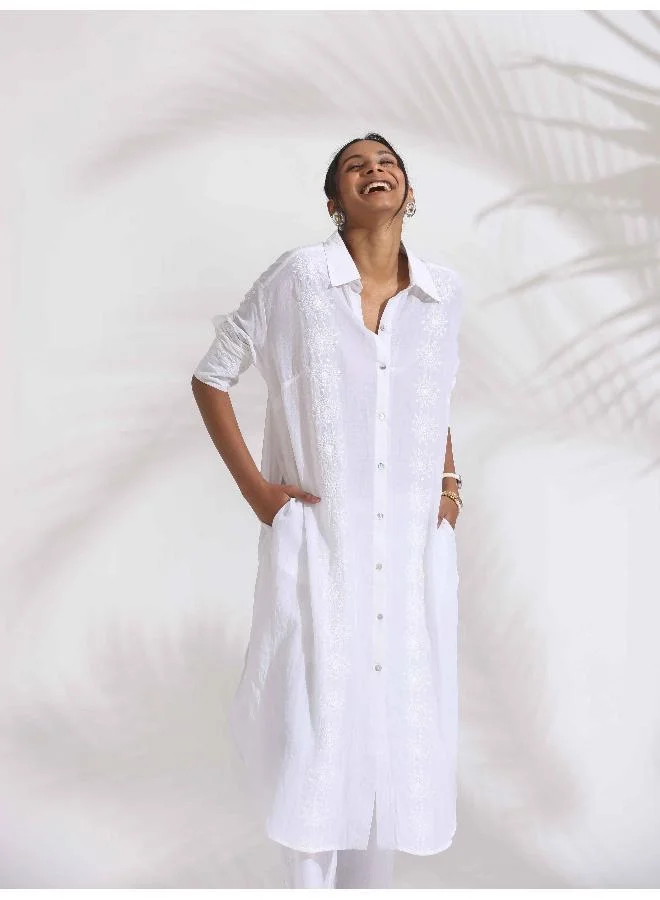 trueBrowns White Cotton Schiffli Shirt Kurta Set
