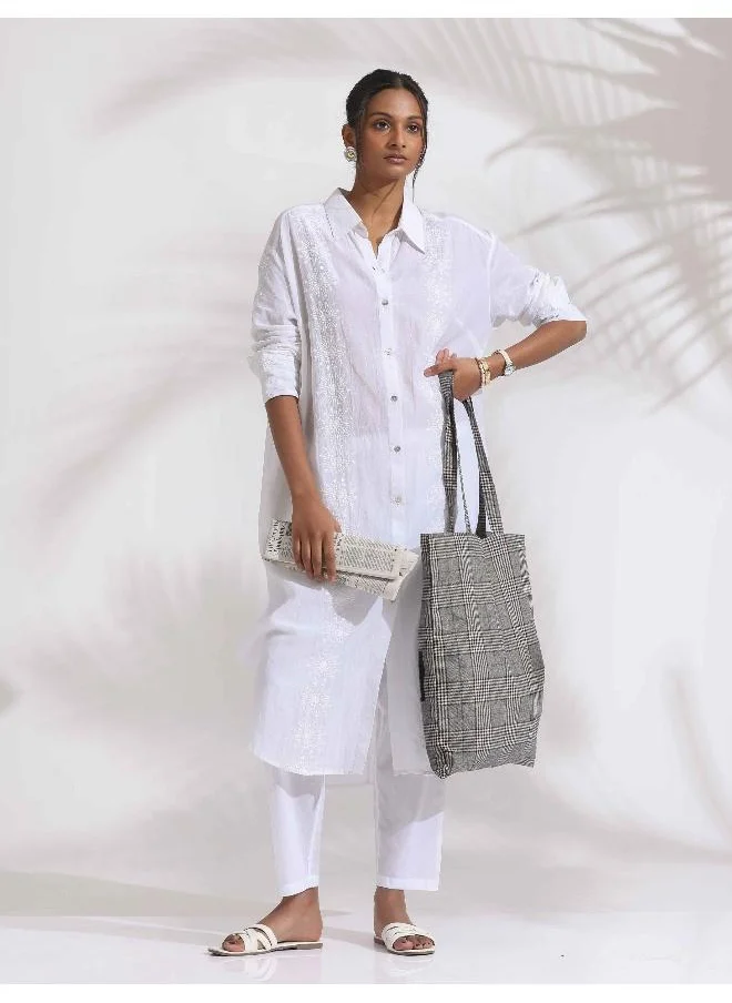 ترو برونز trueBrowns White Cotton Schiffli Shirt Kurta Set