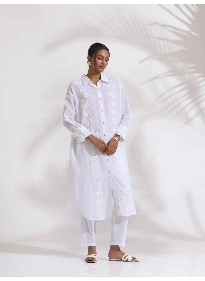 ترو برونز trueBrowns White Cotton Schiffli Shirt Kurta Set