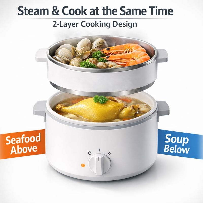 XVersion 1.6L Mini Electric Hot Pot with Steamer, Portable Nonstick Cooker with Dual Power 300W/600W for Ramen, Soup, Pasta, Shabu-Shabu & Steaming - White - Image 1