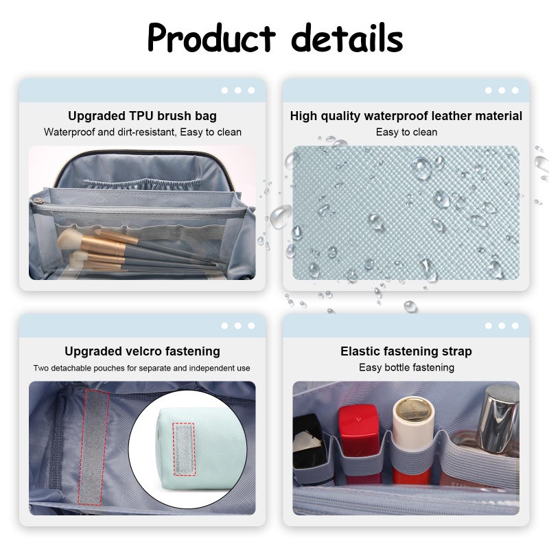 BOYATU Travel Makeup Bag Organizer Cosmetic Bag: 3 Pcs Set Make up Bags for Women with Handle - Waterproof Vegan Leather Toiletry Bags Travel Essentials Pouch with Compartments (A-06-Blue) - Image 5