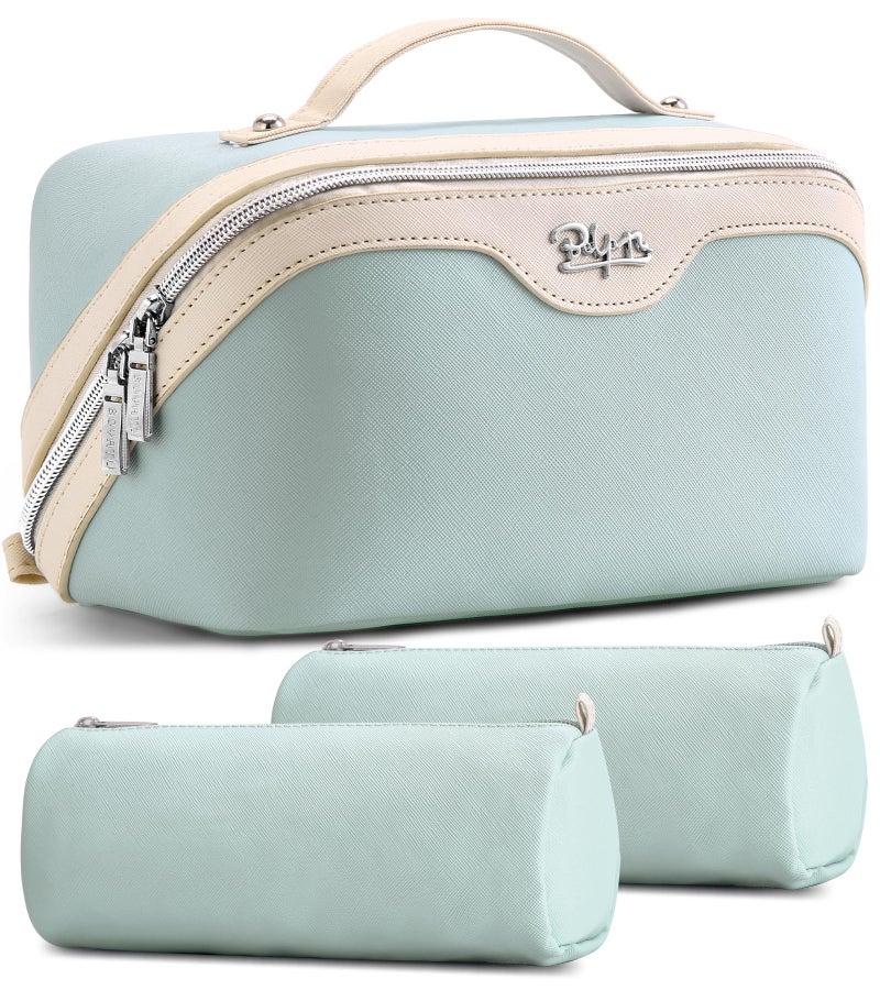 BOYATU Travel Makeup Bag Organizer Cosmetic Bag: 3 Pcs Set Make up Bags for Women with Handle - Waterproof Vegan Leather Toiletry Bags Travel Essentials Pouch with Compartments (A-06-Blue) - Image 1