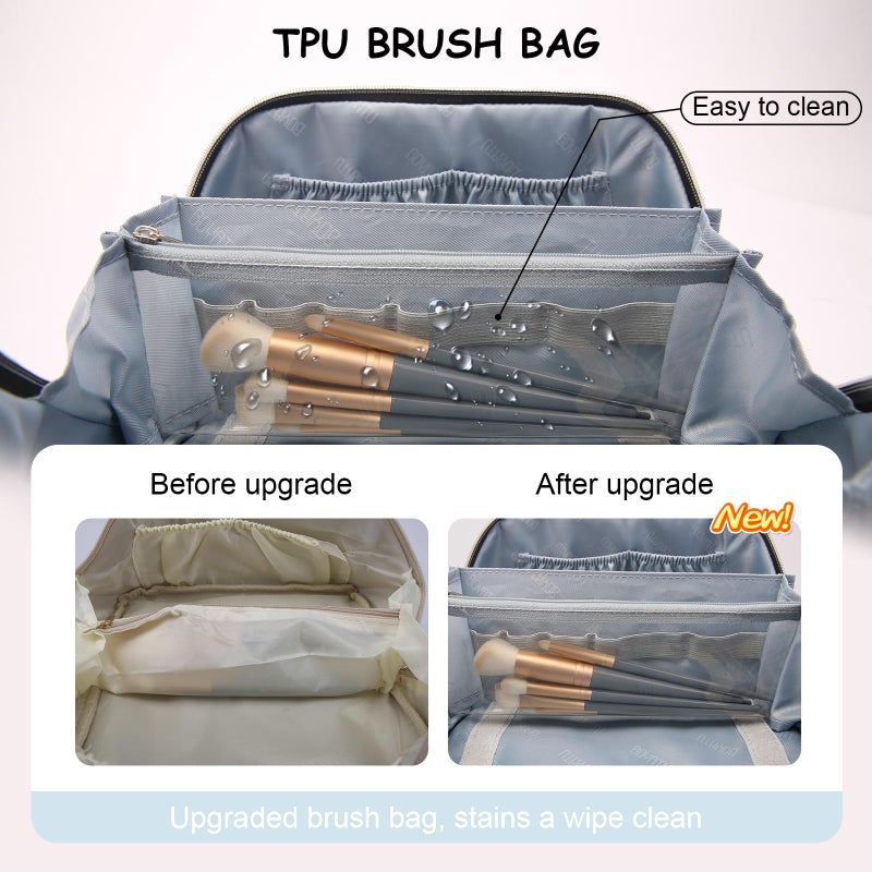 BOYATU Travel Makeup Bag Organizer Cosmetic Bag: 3 Pcs Set Make up Bags for Women with Handle - Waterproof Vegan Leather Toiletry Bags Travel Essentials Pouch with Compartments (A-06-Blue) - Image 4