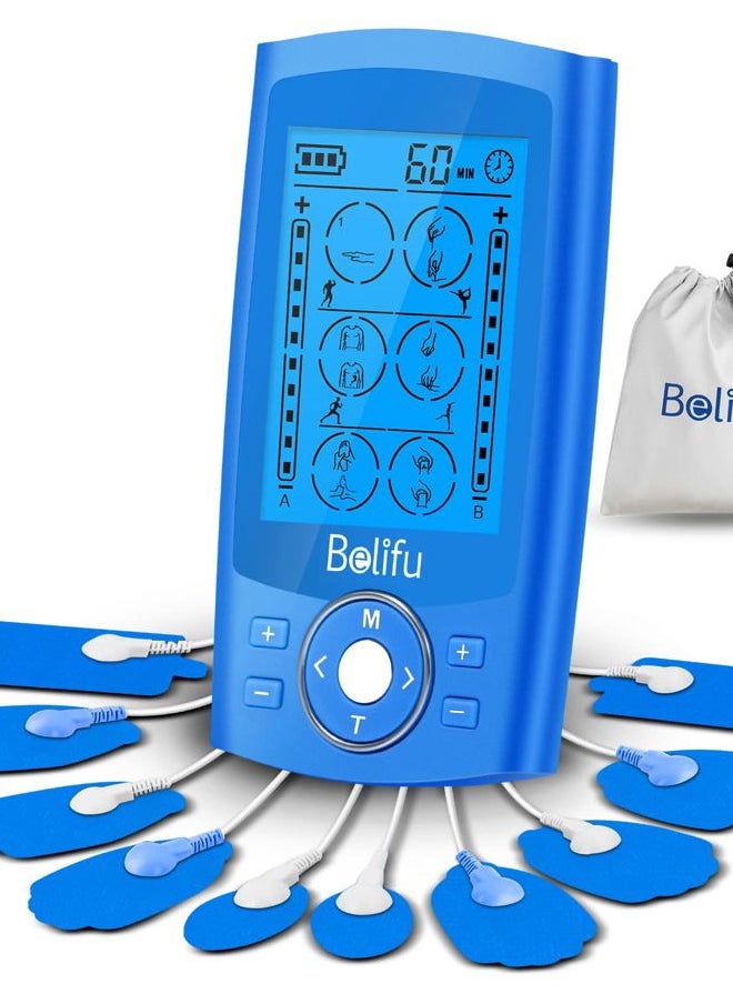 Belifu Dual Channel TENS EMS Unit 24 Modes Muscle Stimulator for Pain Relief Therapy, Electronic Pulse Massager Muscle Massager with 10 Pads, Dust-Proof Drawstring Storage Bag, Fastening Cable Ties  - Image 1