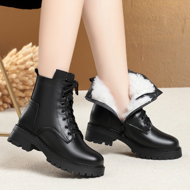 Autumn and Winter New Women's Round-Toe Cotton Shoes Side Zipper Low-Heeled Casual Cowhide Women's Shoes Origin and Supply - Image 3