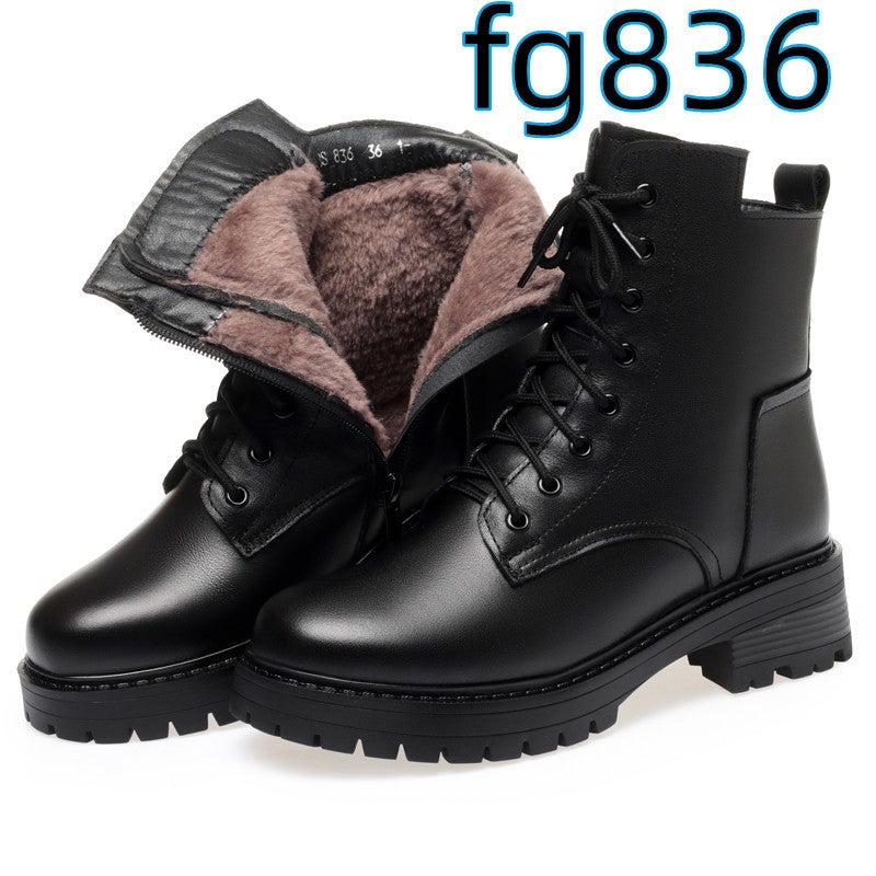 Autumn and Winter New Women's Round-Toe Cotton Shoes Side Zipper Low-Heeled Casual Cowhide Women's Shoes Origin and Supply - Image 1