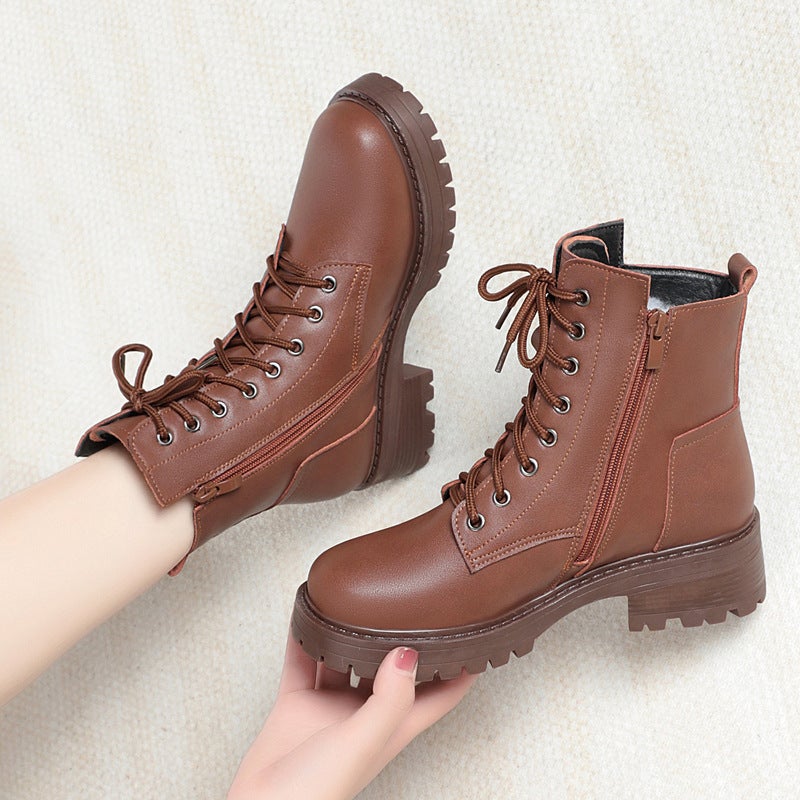 Autumn and Winter New Women's Round-Toe Cotton Shoes Side Zipper Low-Heeled Casual Cowhide Women's Shoes Origin and Supply - Image 4