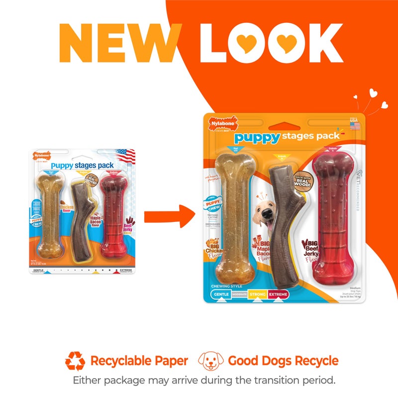 Nylabone Puppy Stages Chew Toy Set, Teething and Chewing Toys for Growing Puppies, Chicken, Maple Bacon, & Beef Jerky Flavors, Medium Dogs - Up to 35 lbs., 3 Pack - Image 2