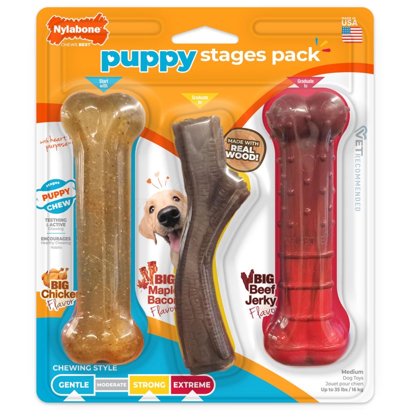 Nylabone Puppy Stages Chew Toy Set, Teething and Chewing Toys for Growing Puppies, Chicken, Maple Bacon, & Beef Jerky Flavors, Medium Dogs - Up to 35 lbs., 3 Pack - Image 1