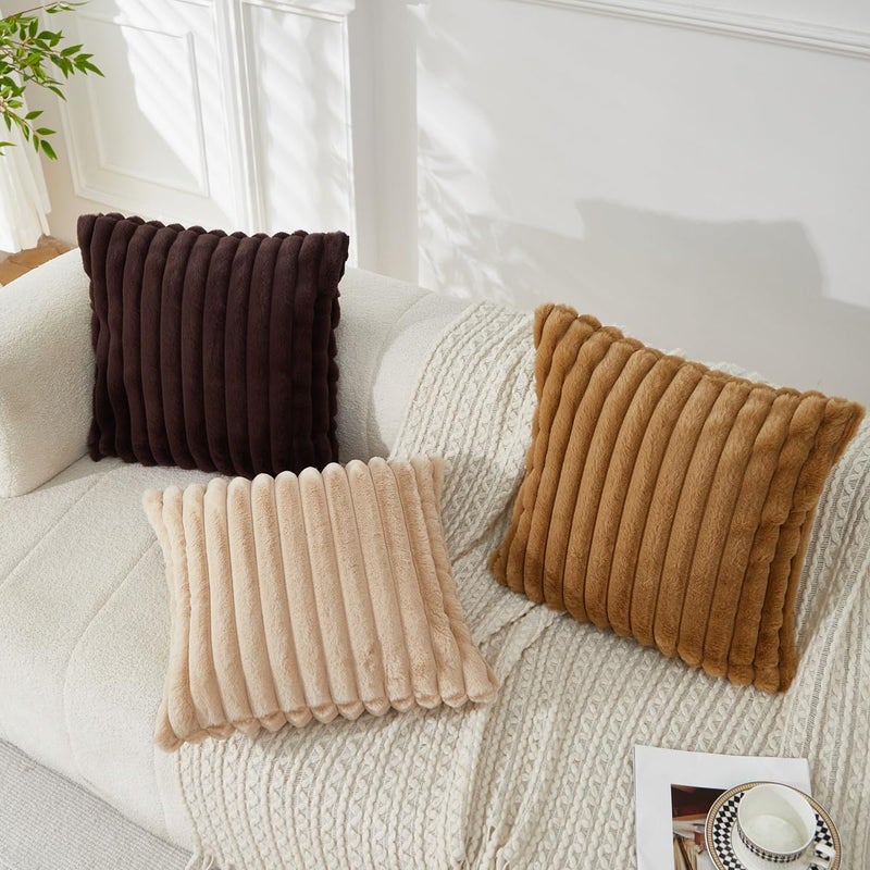 Sunday Praise Beige Striped Boho Throw Pillow Covers 18x18 Inch Set of 2 Faux Fur Plush Farmhouse Decorative Cozy Pillow Cases Soft Fluffy Accent Cushion Cases for Couch Sofa Bed - Image 3