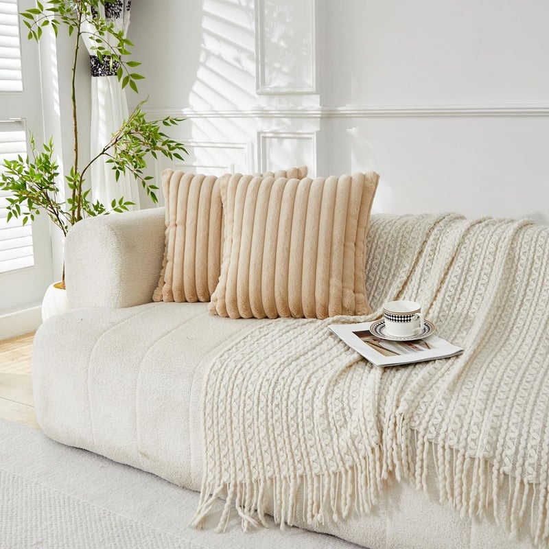 Sunday Praise Beige Striped Boho Throw Pillow Covers 18x18 Inch Set of 2 Faux Fur Plush Farmhouse Decorative Cozy Pillow Cases Soft Fluffy Accent Cushion Cases for Couch Sofa Bed - Image 2