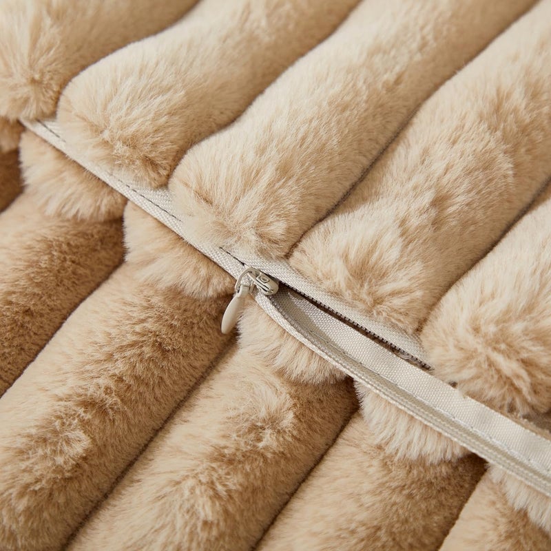 Sunday Praise Beige Striped Boho Throw Pillow Covers 18x18 Inch Set of 2 Faux Fur Plush Farmhouse Decorative Cozy Pillow Cases Soft Fluffy Accent Cushion Cases for Couch Sofa Bed - Image 5