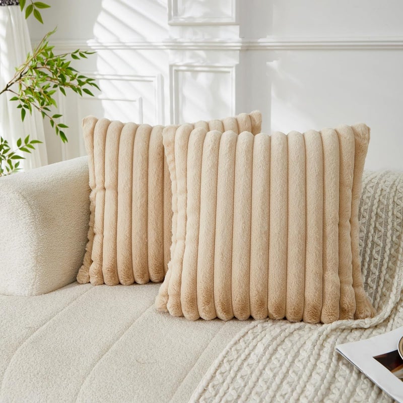 Sunday Praise Beige Striped Boho Throw Pillow Covers 18x18 Inch Set of 2 Faux Fur Plush Farmhouse Decorative Cozy Pillow Cases Soft Fluffy Accent Cushion Cases for Couch Sofa Bed - Image 1