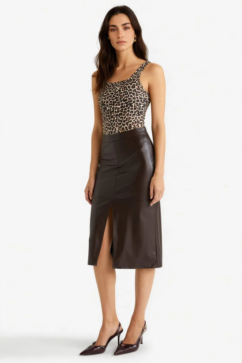 Defacto Pencil High Waist Cotton Lined Faux Leather Midi Skirt