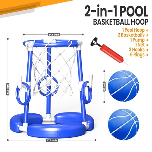 spring flower SpringFlower Pool Basketball Hoop Summer Swimming Pool Floating Basketball Pool Toy 2 in 1 Kids Adults Summer Pool Outdoor Play with Ring Toss 2 Pcs BallsPump Blue - Image 5