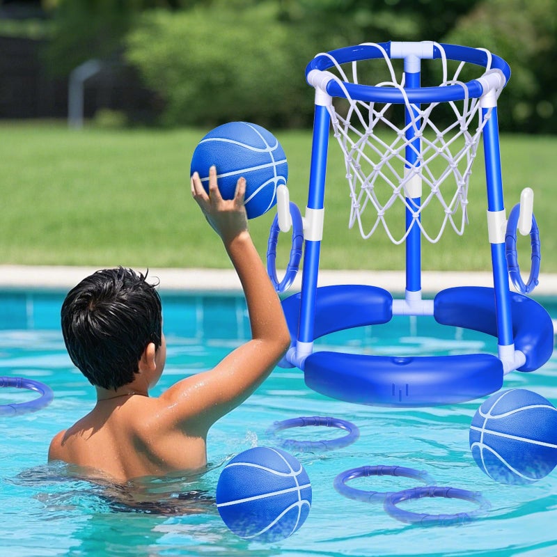 spring flower SpringFlower Pool Basketball Hoop Summer Swimming Pool Floating Basketball Pool Toy 2 in 1 Kids Adults Summer Pool Outdoor Play with Ring Toss 2 Pcs BallsPump Blue - Image 2