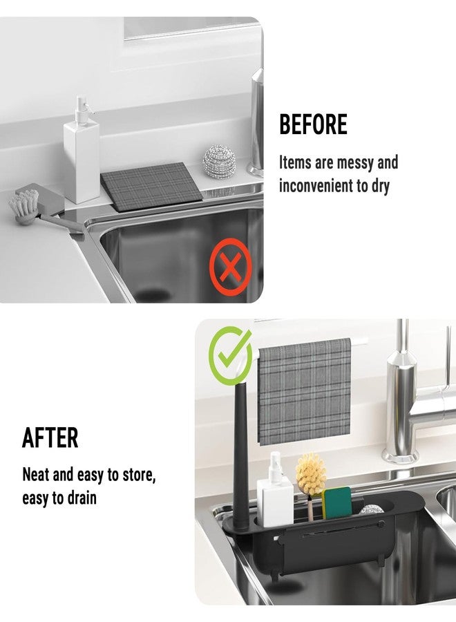 CHEOTIME Telescopic Kitchen Over Sink Organizer with Towel Hanger, 2-in-1 Retractable Sink Drainer with Bracket and Crossbar Adjustable Expandable Sink Caddy Large Capacity for Kitchen Sink(Black) - Image 3