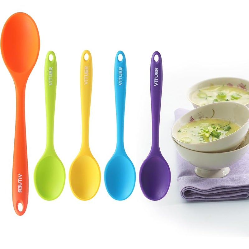VITUER 5PCS Silicone Serving Spoons Set, Heat Resistant Kitchen Spoons for Cooking, Mixing, Stirring and Serving, Dishwasher Safe (5 Pack, Multicolor) - Image 1