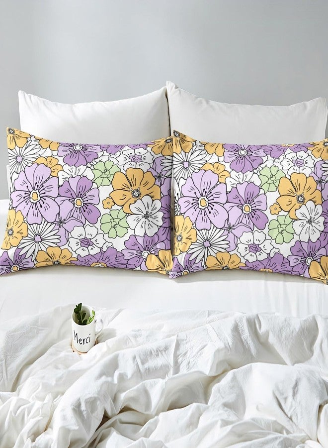 Feelyou Groovy Flower Bed Sheet Set Retro Floral Boho Fitted Sheet for Boys Girls Teens Room Decor 70S Hippie Flowers Bohemian Bedding Set Full Size Purple Yellow Green Bed Cover 3Pcs - Image 4