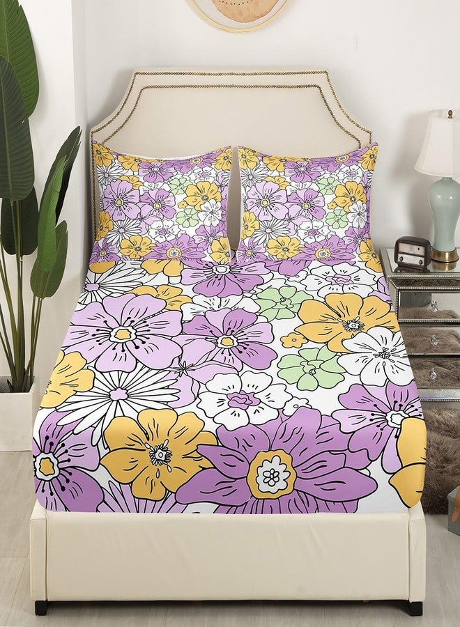 Feelyou Groovy Flower Bed Sheet Set Retro Floral Boho Fitted Sheet for Boys Girls Teens Room Decor 70S Hippie Flowers Bohemian Bedding Set Full Size Purple Yellow Green Bed Cover 3Pcs - Image 3