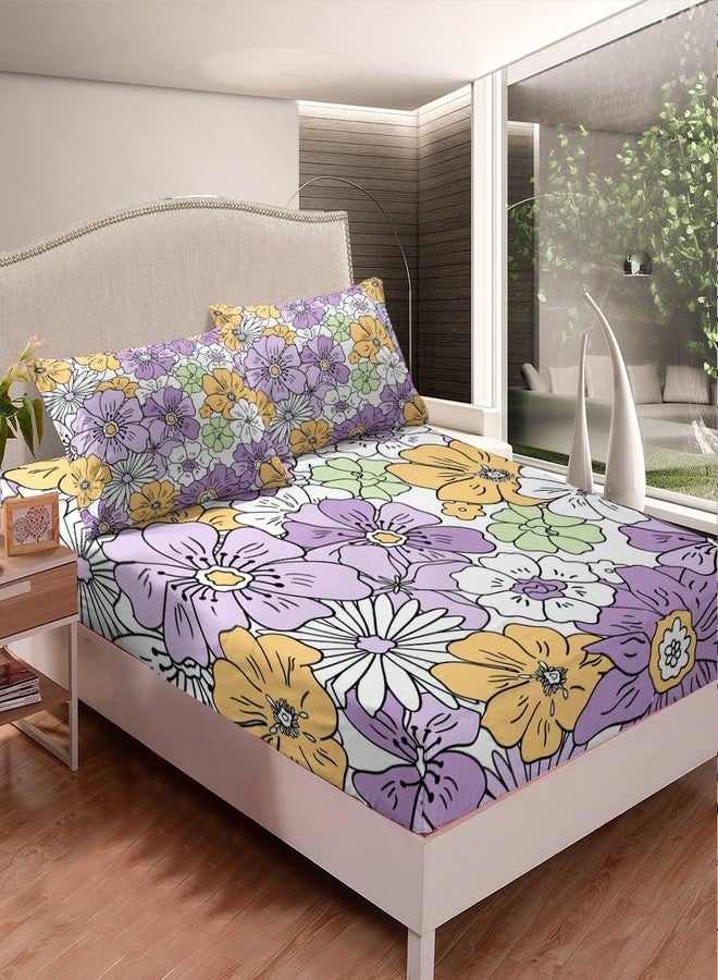 Feelyou Groovy Flower Bed Sheet Set Retro Floral Boho Fitted Sheet for Boys Girls Teens Room Decor 70S Hippie Flowers Bohemian Bedding Set Full Size Purple Yellow Green Bed Cover 3Pcs - Image 2