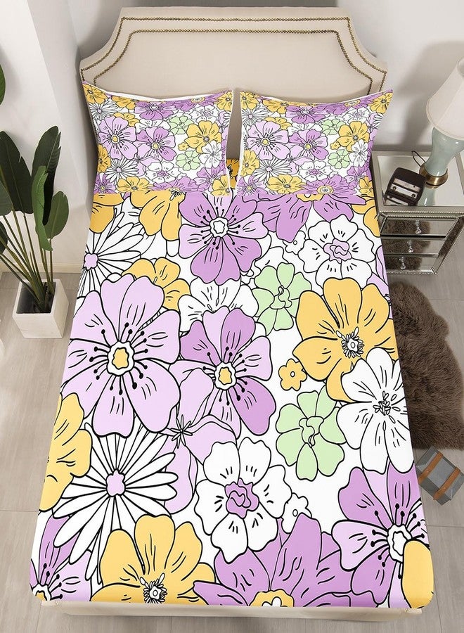 Feelyou Groovy Flower Bed Sheet Set Retro Floral Boho Fitted Sheet for Boys Girls Teens Room Decor 70S Hippie Flowers Bohemian Bedding Set Full Size Purple Yellow Green Bed Cover 3Pcs - Image 1