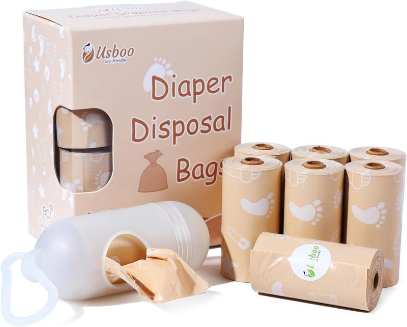 USBOO Diaper Bags Disposable Biodegradeable Dirty Diaper Bag 8 Refill Rolls120 Pack with Dispenser  Essential for Travel and Quick Change on The Go  Baby Poop Bags  Unscented - Image 1