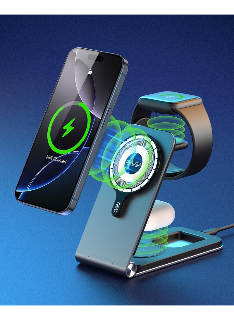 عام شاحن لاسلكي، شاحن ساعة أبل، شاحن مغناطيسي لجهاز آيفون، قاعدة شحن آيفون، شاحن قاعدة، 3 في 1 قابل للطي - مناسب لجهاز آيفون/ساعة أبل/سماعات إيربودز، شحن سريع 15 وات، سبيكة ألومنيوم ممتازة، حامل محمول، - Image 1