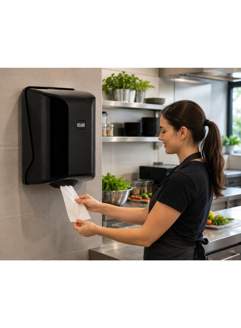 Vialli Centerfeed Roll Paper Towel Dispenser Black OG1B, Wall Mounted ABS Plastic Tissue Holder for Kitchens, Restaurants, Offices & Commercial Bathrooms, Easy Refill Hygienic Roll Dispenser - Image 2