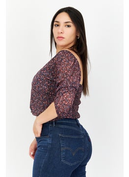 1 State Women V-Neck Puff Sleeves Floral Print Blouse, Purple  - Image 3