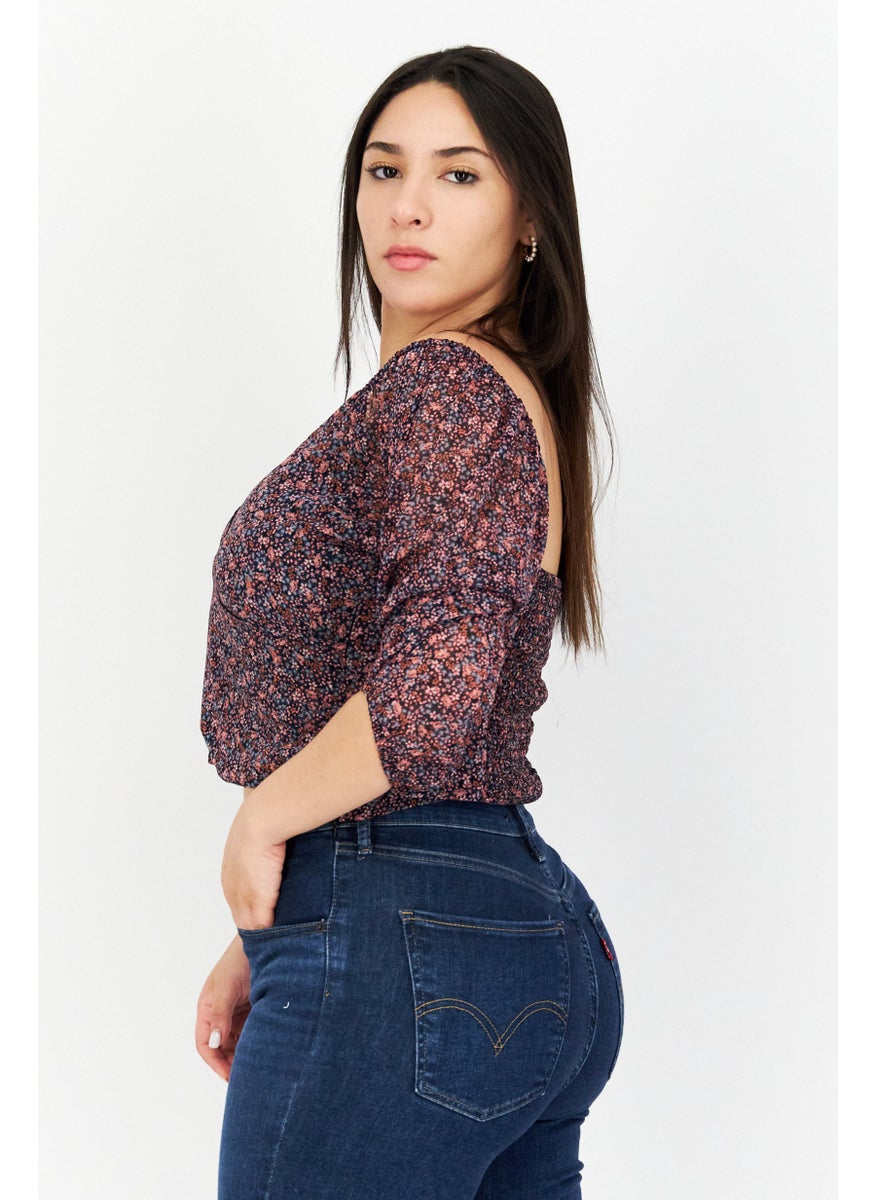1 State Women V-Neck Puff Sleeves Floral Print Blouse, Purple  - Image 3