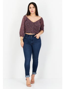 1 State Women V-Neck Puff Sleeves Floral Print Blouse, Purple  - Image 4
