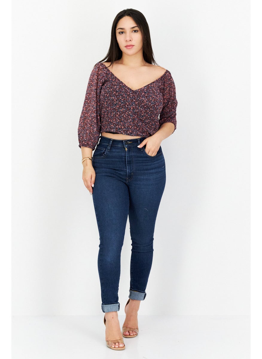 1 State Women V-Neck Puff Sleeves Floral Print Blouse, Purple  - Image 4