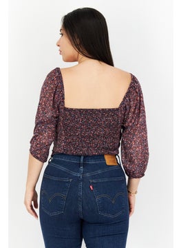 1 State Women V-Neck Puff Sleeves Floral Print Blouse, Purple  - Image 2