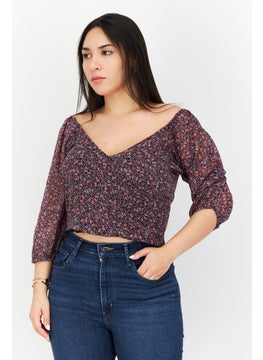 1 State Women V-Neck Puff Sleeves Floral Print Blouse, Purple  - Image 1