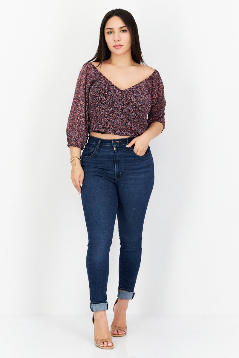 1 State Women V-Neck Puff Sleeves Floral Print Blouse, Multicolor - Image 4