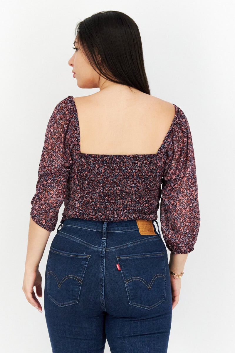 1 State Women V-Neck Puff Sleeves Floral Print Blouse, Multicolor - Image 2
