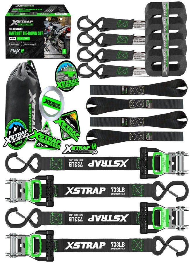XSTRAP STANDARD Motorcycle Tie Down Strap (4PK) - 2,200lb Break Strength 15ft Ratchet Tie Down Straps Set, Soft Loop Ratchet Straps for Moving Appliances, Lawn Equipment, Cargo Straps for Truck, Black - Image 1
