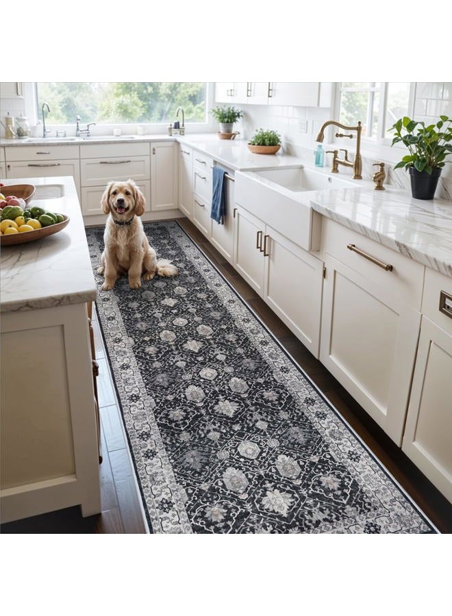 HY HAO YUN LAI 3x12 Washable Hallway Runner Rug: Oriental Long Ultra Soft Runners for Kitchen Entryway Thin Non Slip Bathroom Nursery Floor Mat Water Resistant Low Pile Carpet for Living Room Bedroom (Black,3x12) - Image 1