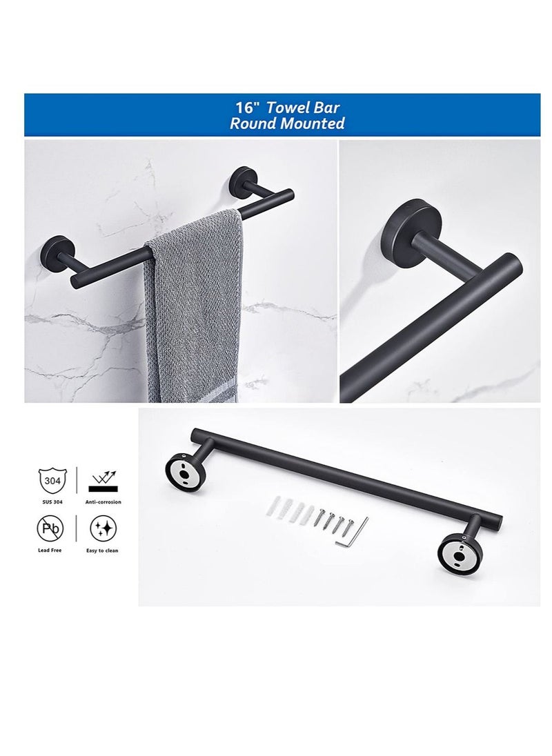 Y&D Towel Bar Set KASTWAVE 6 PCS Bathroom Matte Black Stainless Steel Accessories Rack Round Wall Mounted, Include 16inch Bar, Toilet Paper Holder, Ring, 3 Robe Hooks  - Image 2