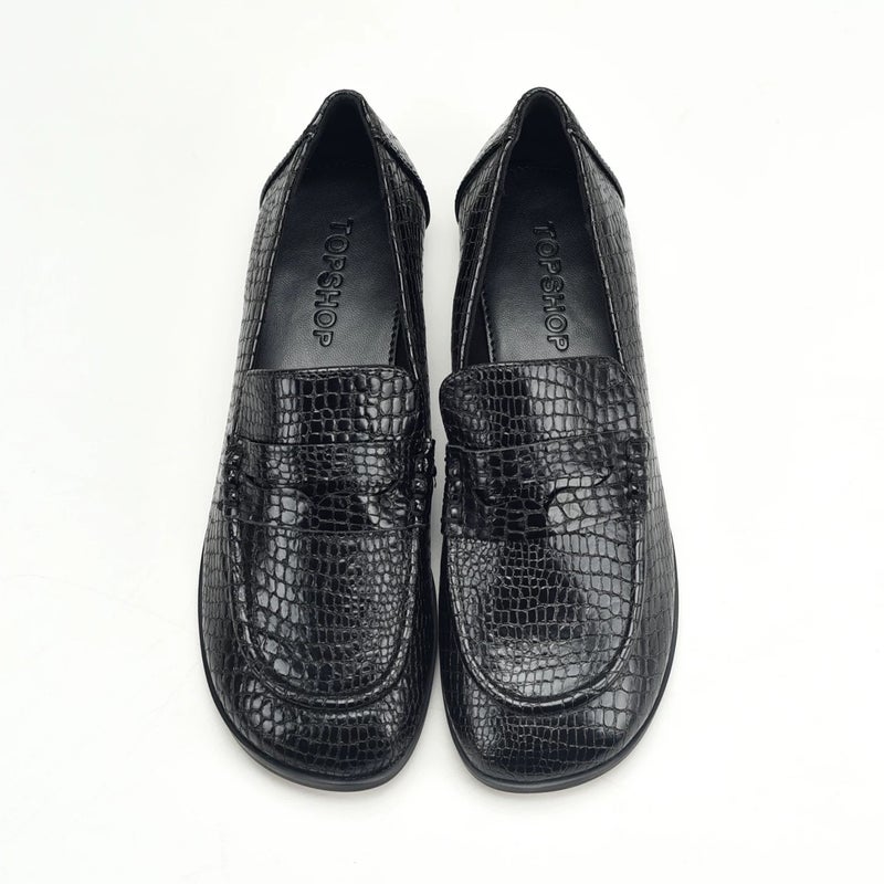Black Snake Print Square Toe Low Heel Loafer Shoes - Image 1