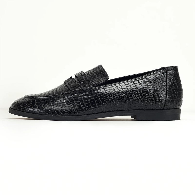 Black Snake Print Square Toe Low Heel Loafer Shoes - Image 2