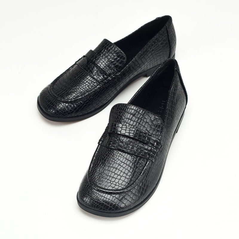 Black Snake Print Square Toe Low Heel Loafer Shoes - Image 4