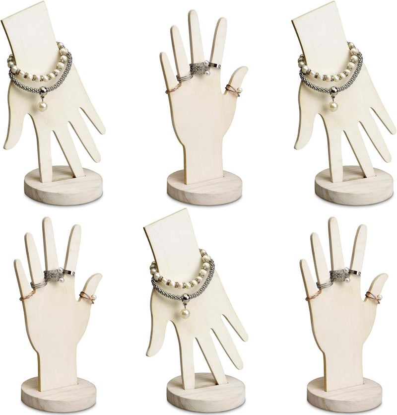 Mooca 6 Pcs Real Wooden Hand Form Jewelry Display Set, 2 Way Design for Wall Hanging or Standalone Mannequin Finger Hand Display, Premium Real Wood Sturdy Base, Wash White Color - Image 1