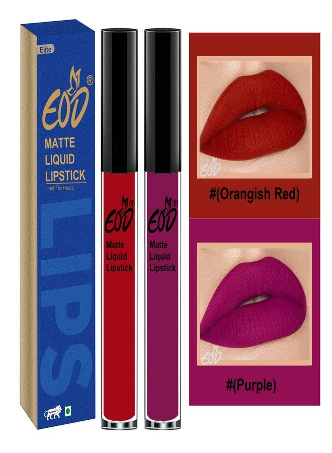 EOD® Soft Matte Kiss Proof Vegan Made in India Liquid Lipstick Long Wearing Set of 2 Lip Gloss(Orangish Red, Purple) - Image 1