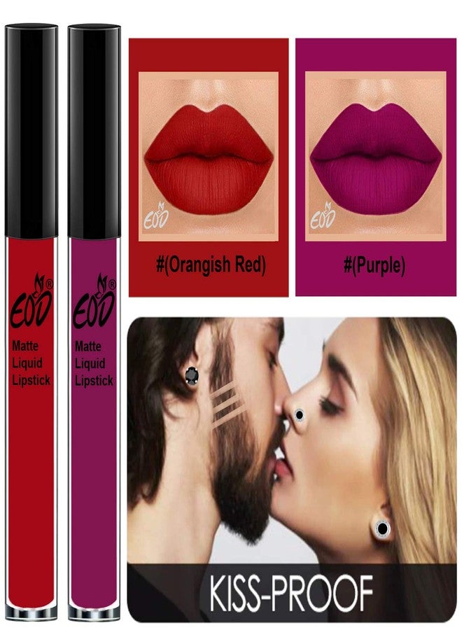EOD® Soft Matte Kiss Proof Vegan Made in India Liquid Lipstick Long Wearing Set of 2 Lip Gloss(Orangish Red, Purple) - Image 3